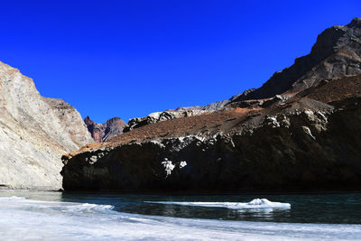 Mountain and frozen river against clear blue sky