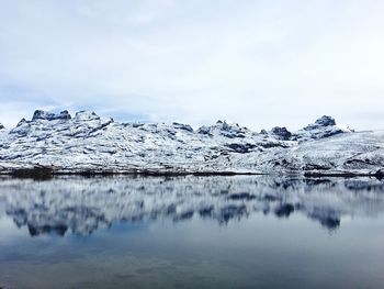 Reflection of snowcapped mountains on lake