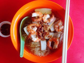 Close-up of soup served on table