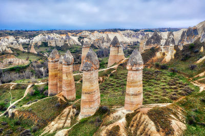 View of rock formations against cloudy sky