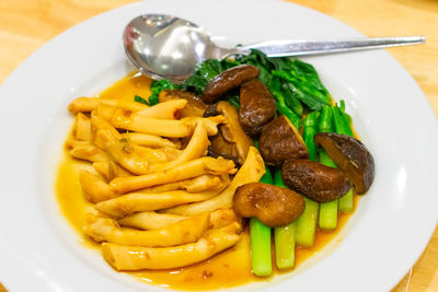 High angle view of pasta in plate on table