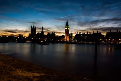 View of city lit up at night