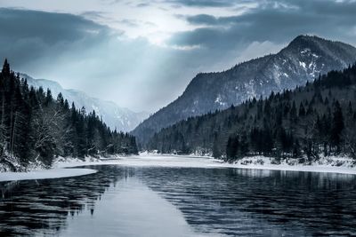 Scenic view of lake by mountains against sky