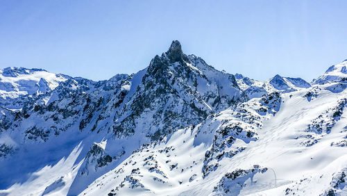 Scenic view of snowcapped mountains against clear sky