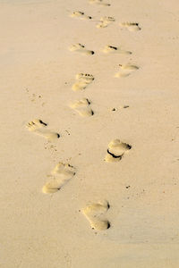 High angle view of footprints on sand at beach