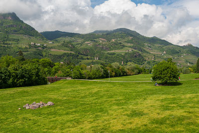 Scenic view of green landscape and mountains against sky