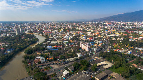 High angle view of cityscape at night