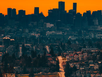 Aerial view of buildings in city at sunset