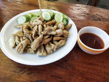 High angle view of meal served on table