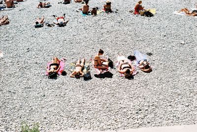 High angle view of people on street