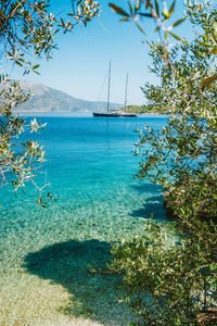 Scenic view of bay against clear sky