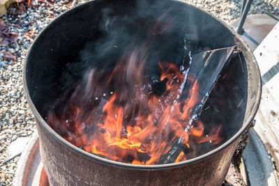 High angle view of bonfire