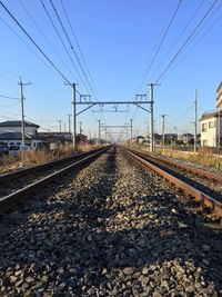 Surface level of railway tracks against clear blue sky