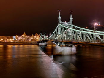 Illuminated bridge over river at night