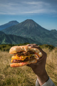 Midsection of person holding bread against mountains