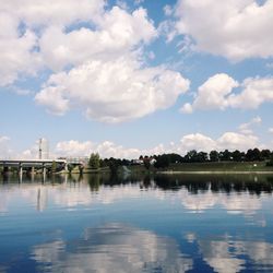 Scenic view of lake against cloudy sky