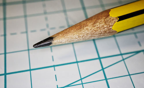 High angle view of pencil over paper
