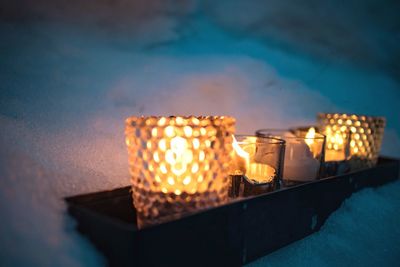 Close-up of illuminated tea light candles against sky