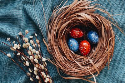 High angle view of multi colored eggs in basket