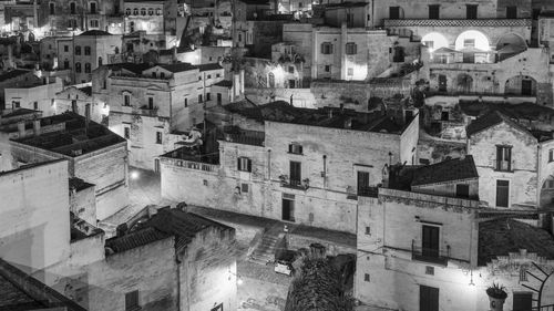 Sassi di matera at night. european capital of culture. black and white