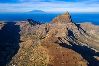 Scenic view of mountains and sea against sky