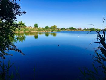 Scenic view of lake against clear blue sky