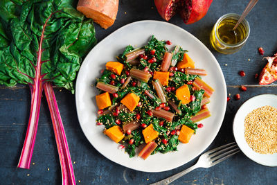 High angle view of vegetables in bowl on table