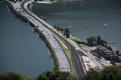 High angle view of traffic on road against sky