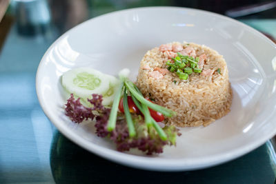 Close-up of meal served on table