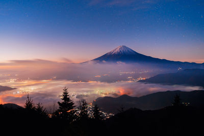 Scenic view of mountains against sky during sunset