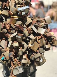 Close-up of padlocks on railing