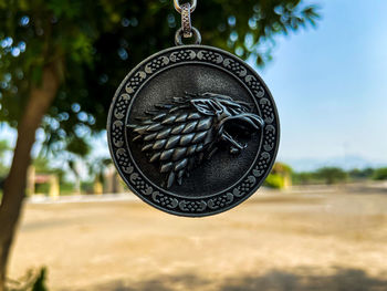 Close-up of metal chain hanging on tree