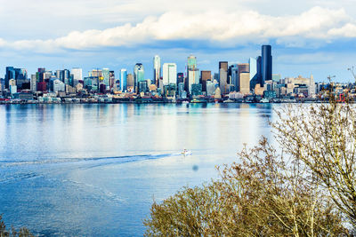 Scenic view of river and buildings against sky