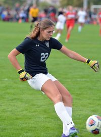 Low section of woman playing soccer on field