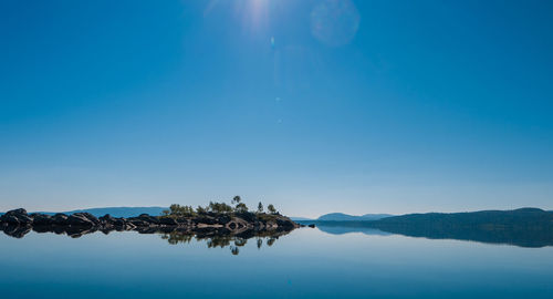 Scenic view of calm lake against clear blue sky