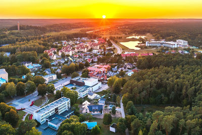 High angle view of townscape against sky during sunset