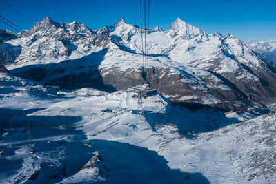 Scenic view of snowcapped mountains against blue sky