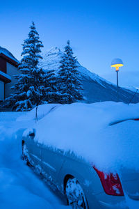 Snow covered car by trees against sky