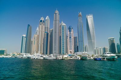 View of boats in sea against blue sky