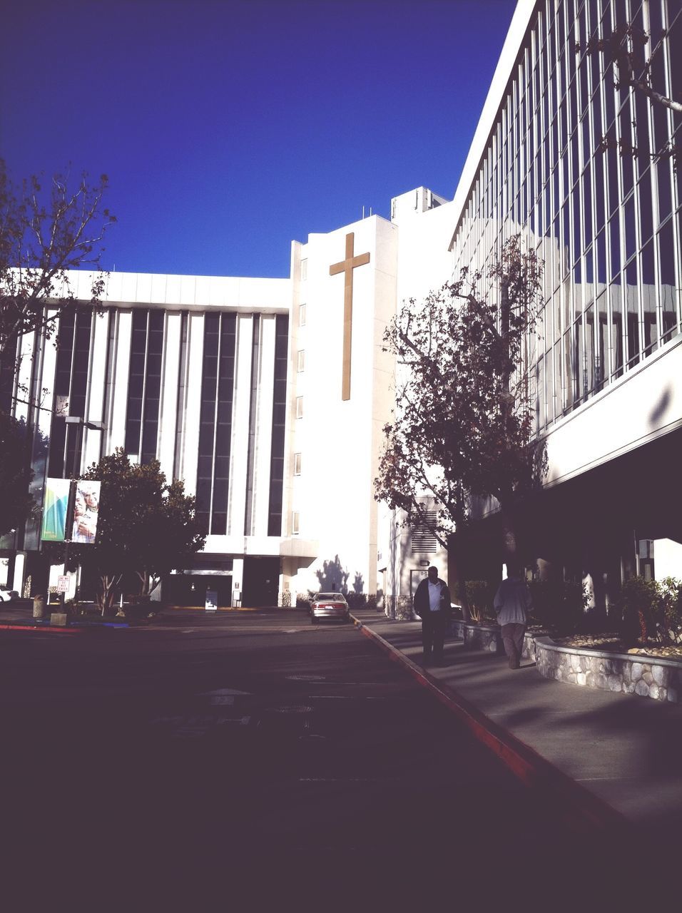 built structure, architecture, building exterior, clear sky, city, blue, sunlight, railing, building, shadow, tree, outdoors, day, incidental people, street, sky, the way forward, road, city life, low angle view