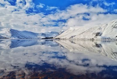 Idyllic shot of snowcapped mountains reflection in lake against sky