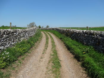 Road amidst field against clear sky