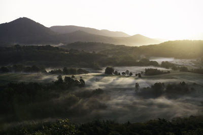 Scenic view of mountains against sky during sunset