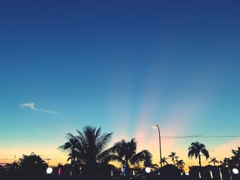 Low angle view of silhouette palm trees against blue sky