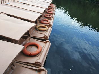 High angle view of boat sailing in water