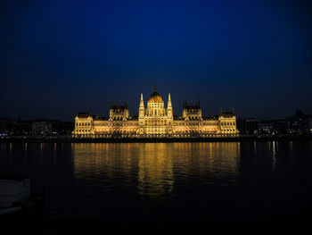 Reflection of illuminated buildings in water at night