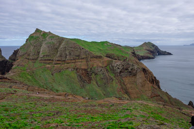 Scenic view of sea and mountains against sky