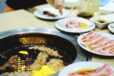 High angle view of food served on table