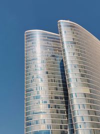 Low angle view of modern building against clear blue sky