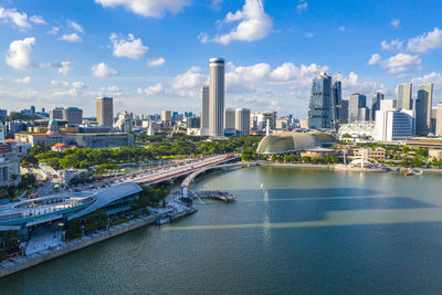 Bridge over river with buildings in background